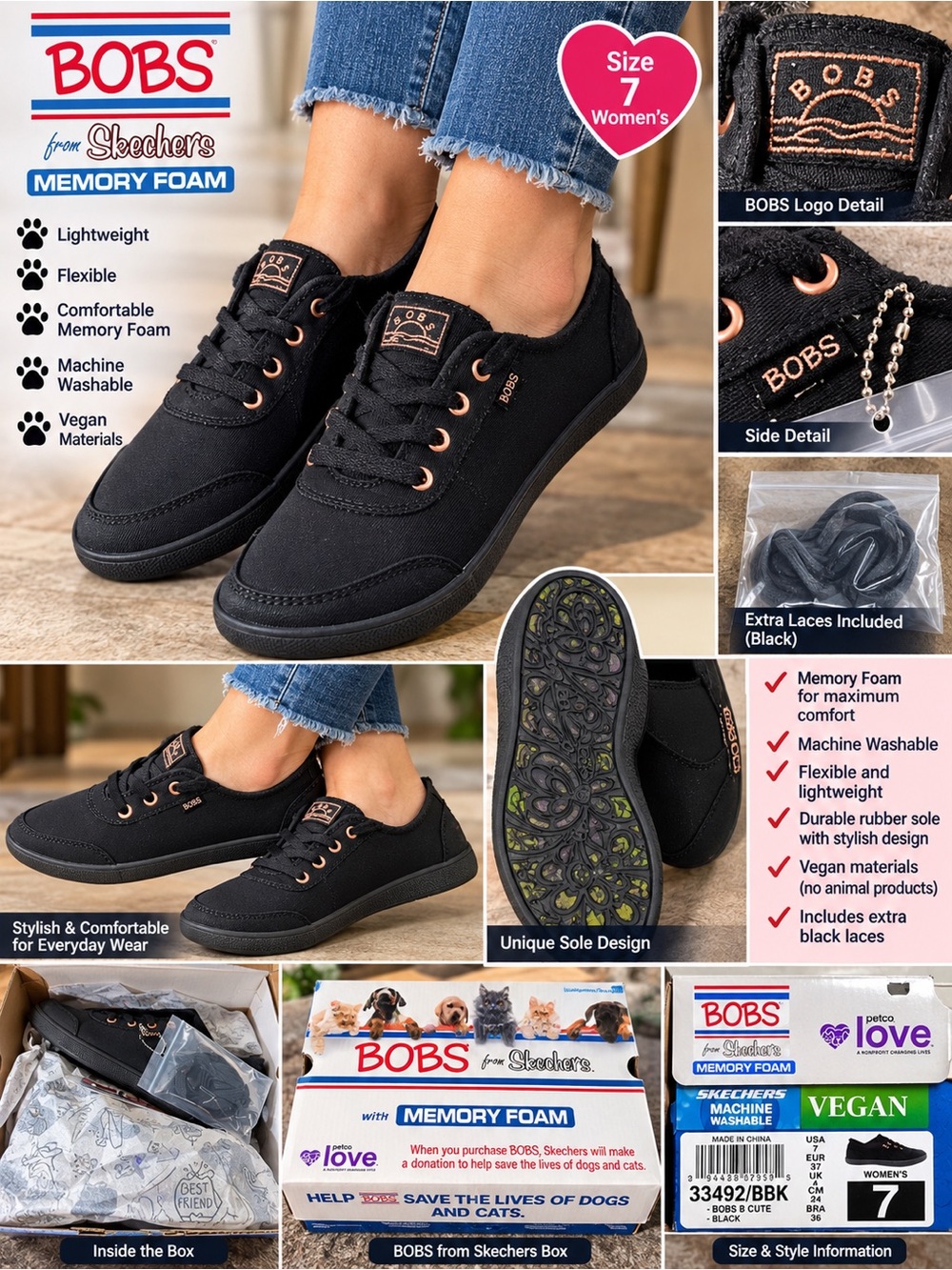 Skechers BOBS Women's Black Canvas Sneakers with Rose-Gold Eyelets